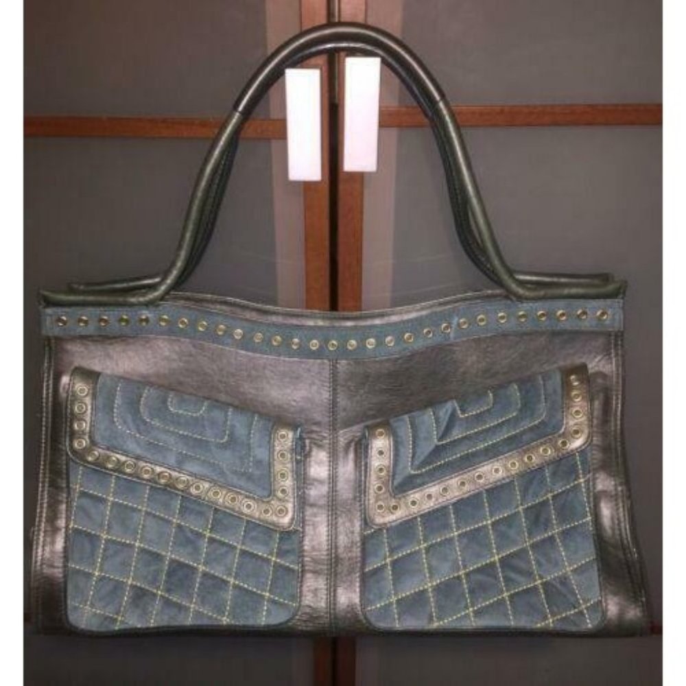 Hand Maid By Michelle Frantz Teal Suede Leather Grommet Handbag Tote Huge Purse